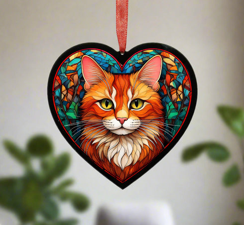 Ginger Cat Stained Glass Effect Heart Suncatcher